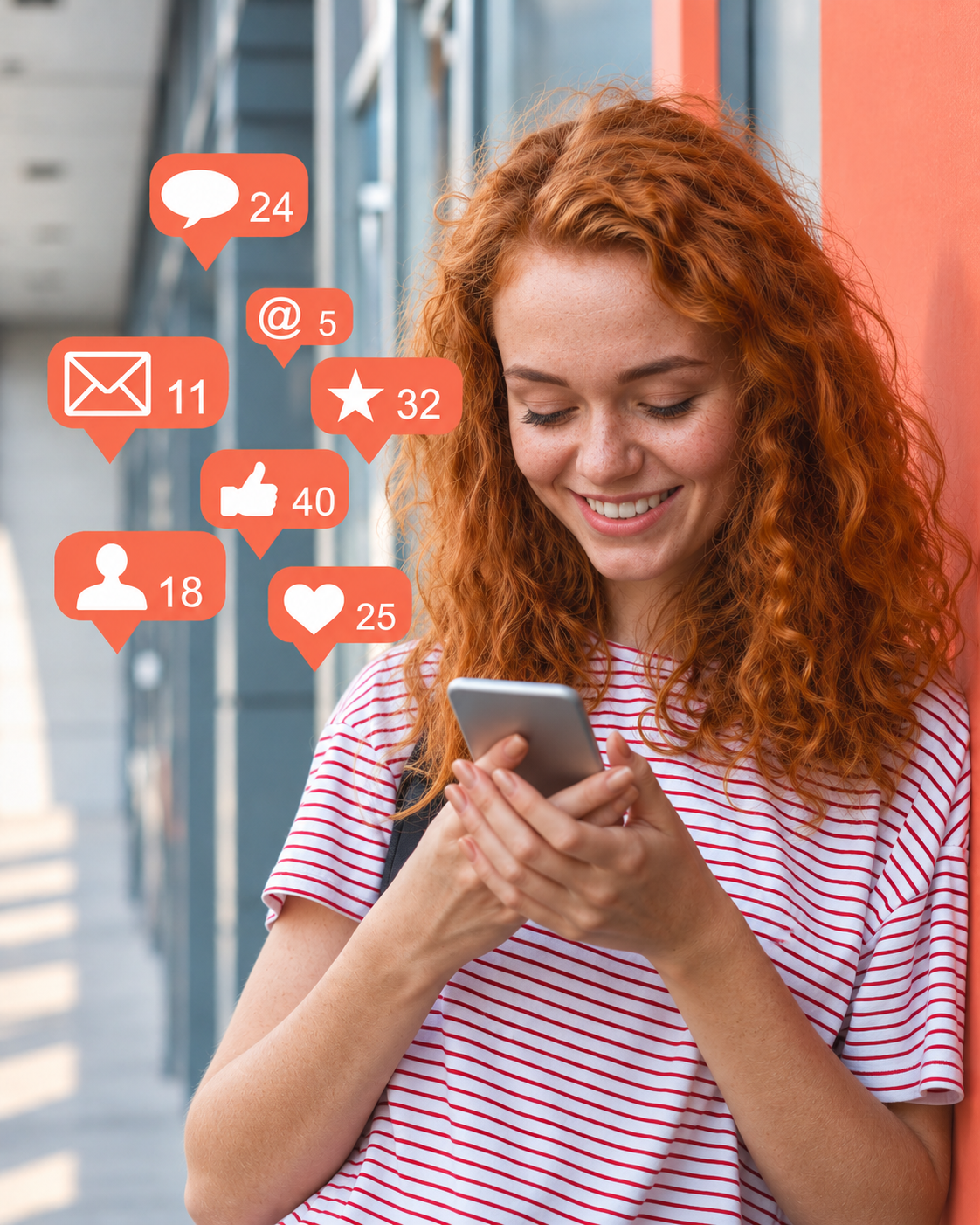 Frau mit Smartphone und Social-Media-Interaktionen