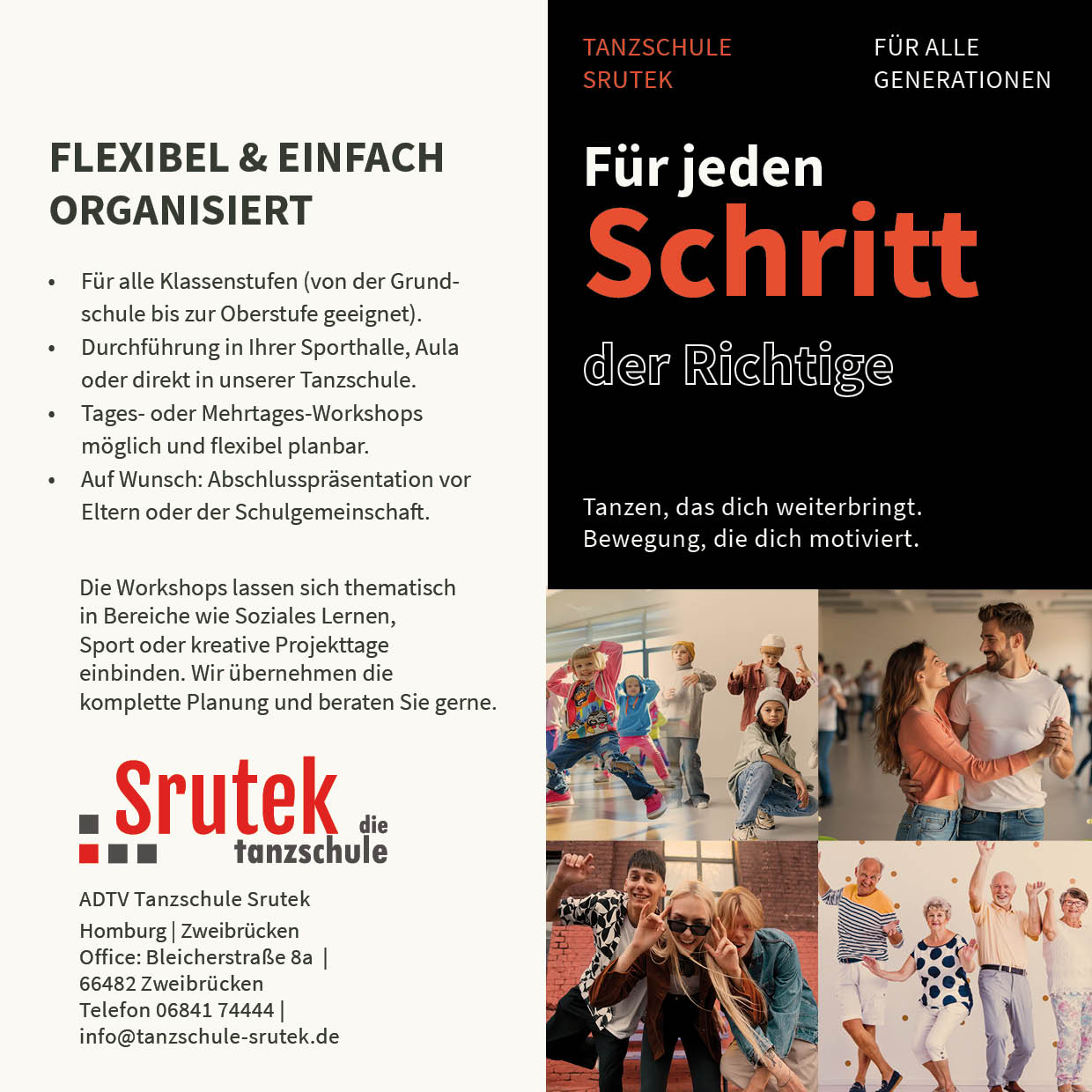 Vierseitiger Falzflyer der Tanzschule Srutek